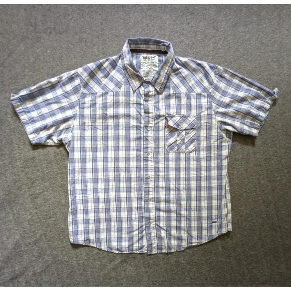 Levi's The Two Horse Brand Shirt Men's XL White Blue Plaid Tab Sleeve Pearl Snap